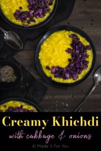 Khichdi is a comforting Indian porridge made with rice and lentils. My untraditional version is topped with sautéed cabbage and onions! #khichdi #khichri #porridge #indianfood #vegancomfortfood
