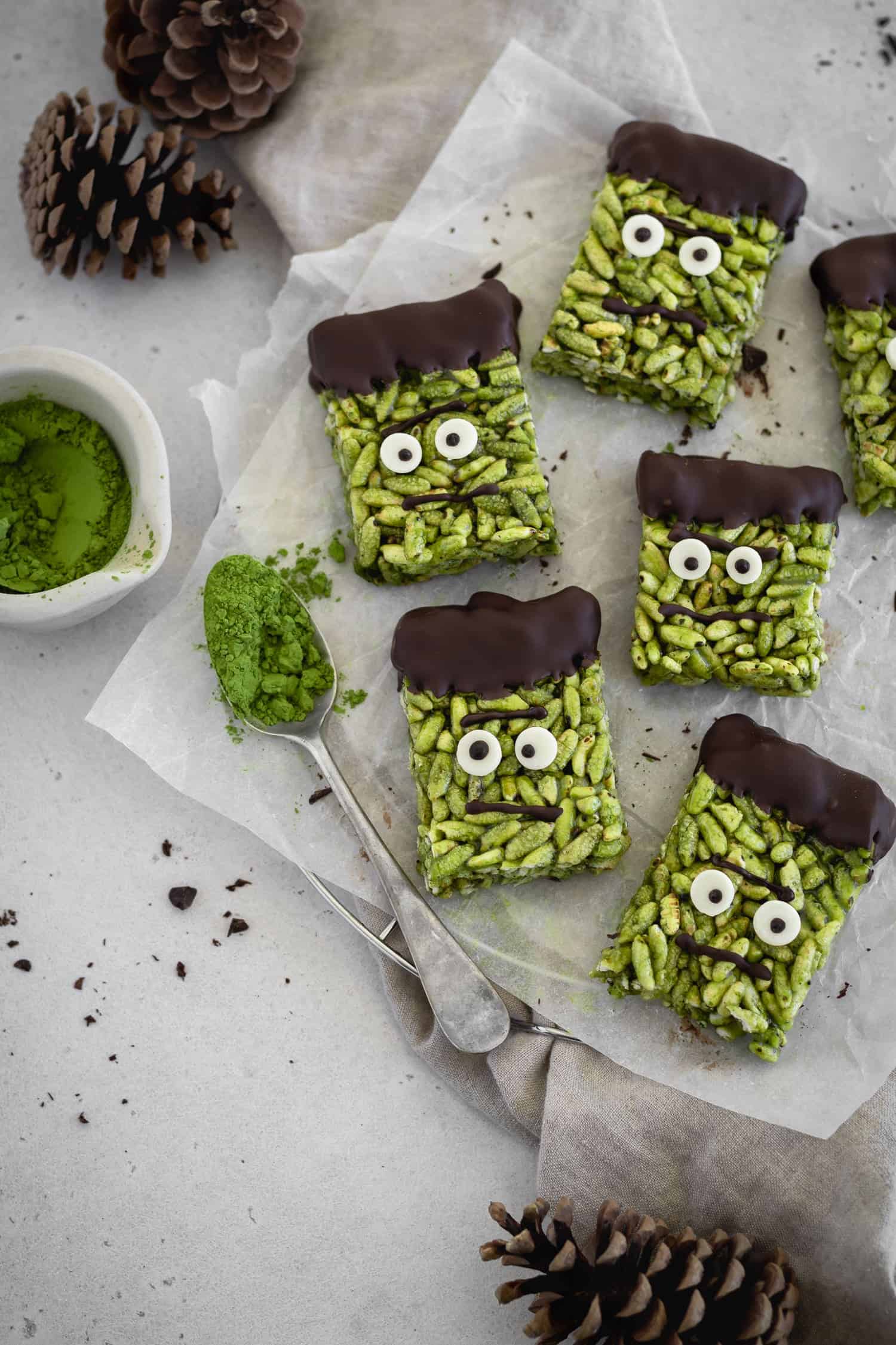 Matcha rice krispie treats decorated as Frankenstein
