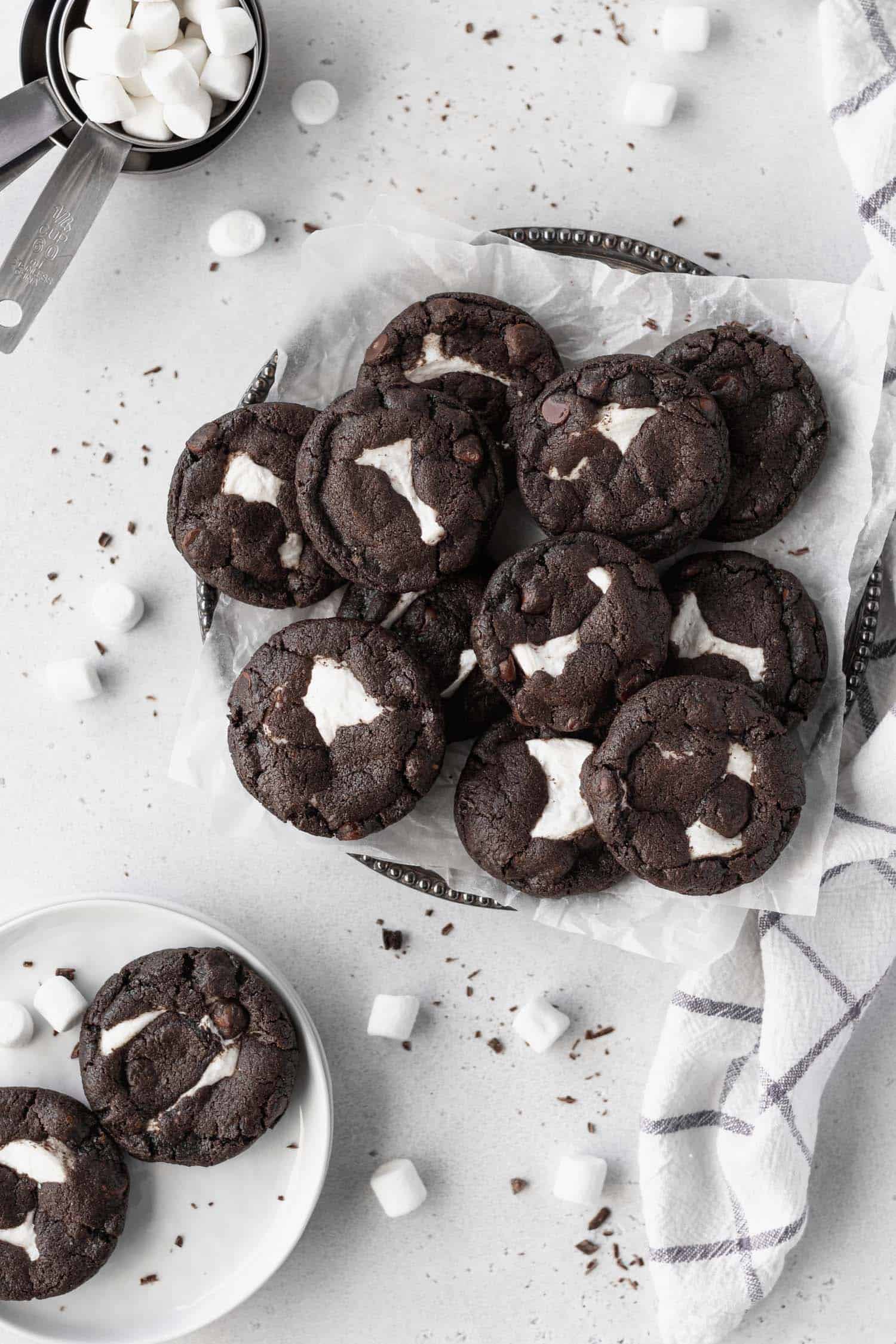 Marshmallow stuffed chocolate cookies on a platter