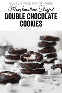 Marshmallow stuffed double chocolate cookies stacked