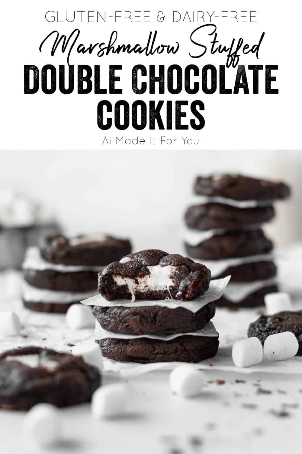 Gooey GF Chocolate Marshmallow Bliss Cookies 8 Marshmallow stuffed double chocolate cookies stacked