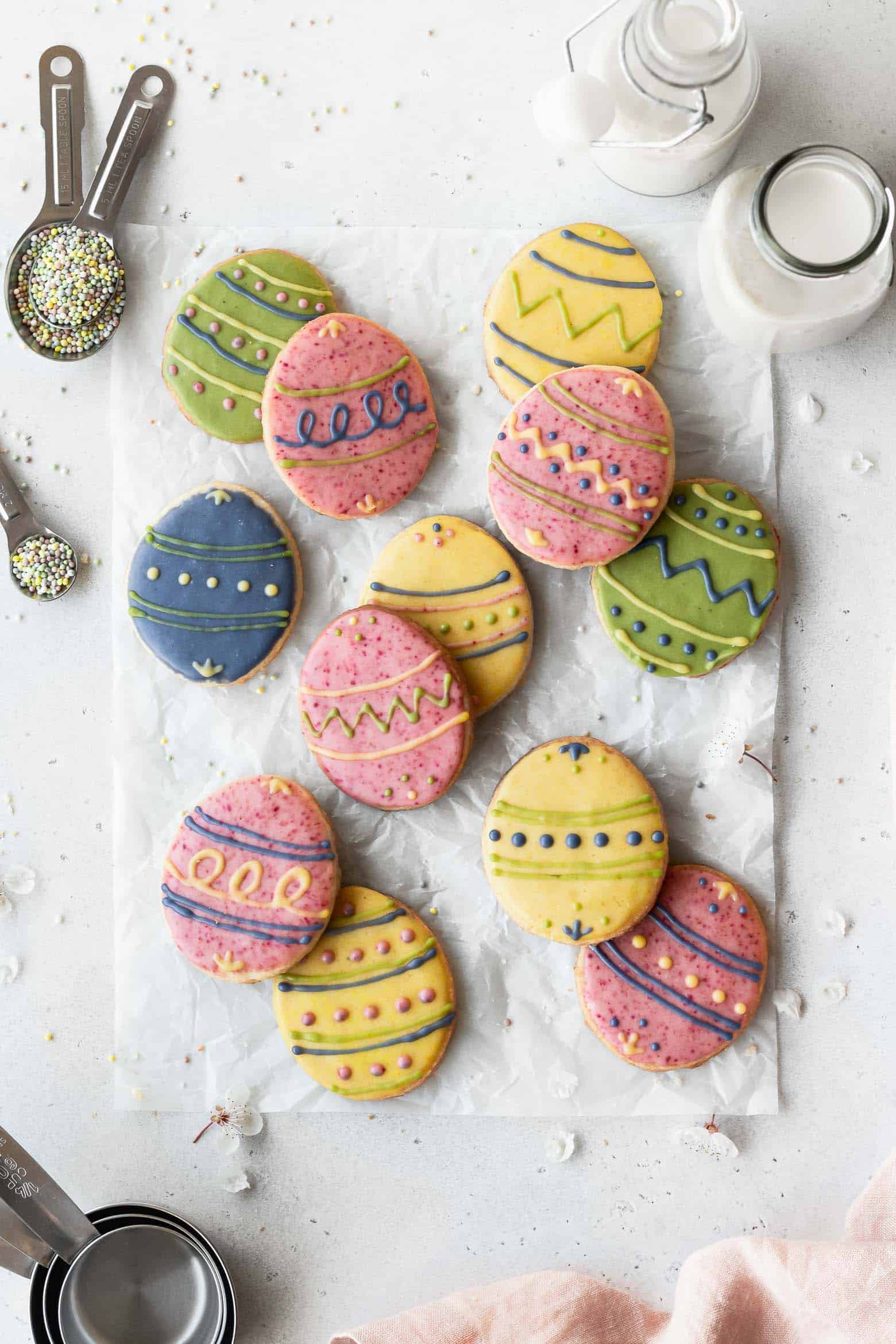Decorated Easter cookies on a parchment paper