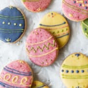 Easter egg sugar cookies on parchment paper