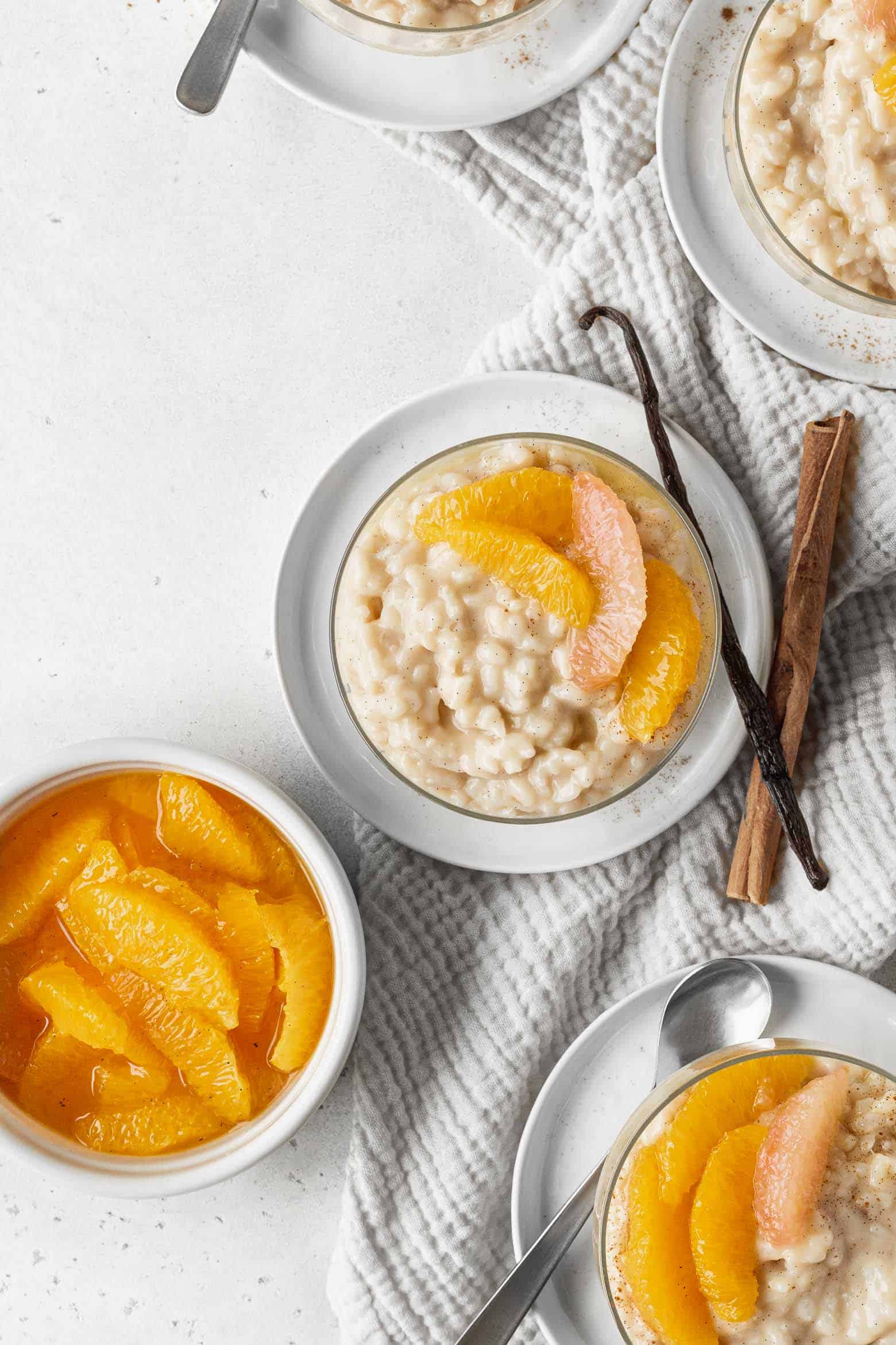 Vegan rice pudding with spiced orange compote