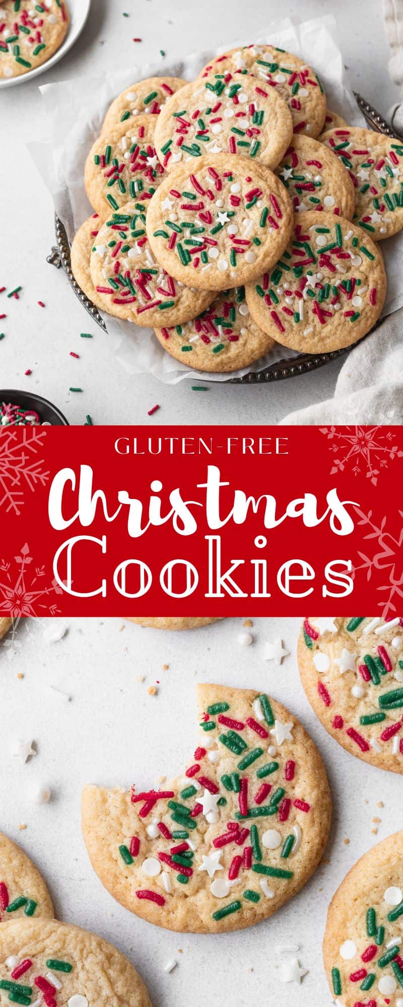 Gluten free Christmas cookies on a platter with sprinkles.