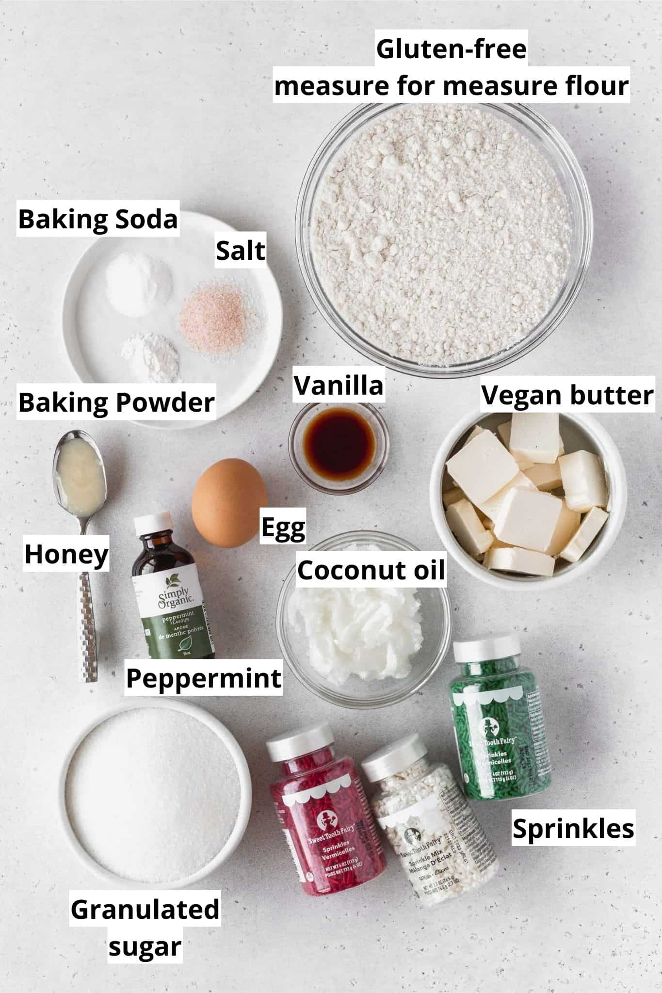 Ingredients to make gluten-free Christmas cookies.