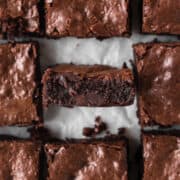 An overhead shot of dairy free brownies with the center piece faced sideways.