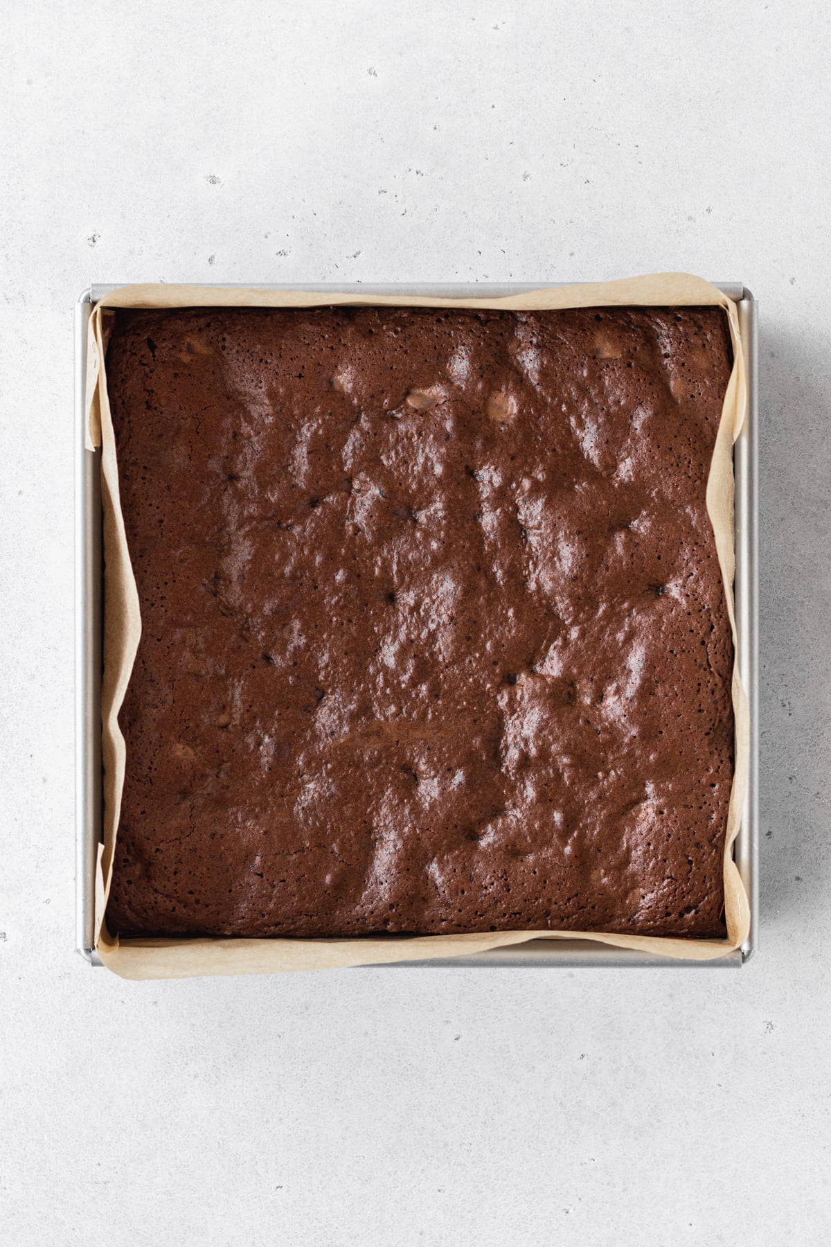 Gluten-free brownies after baking and still in the pan.