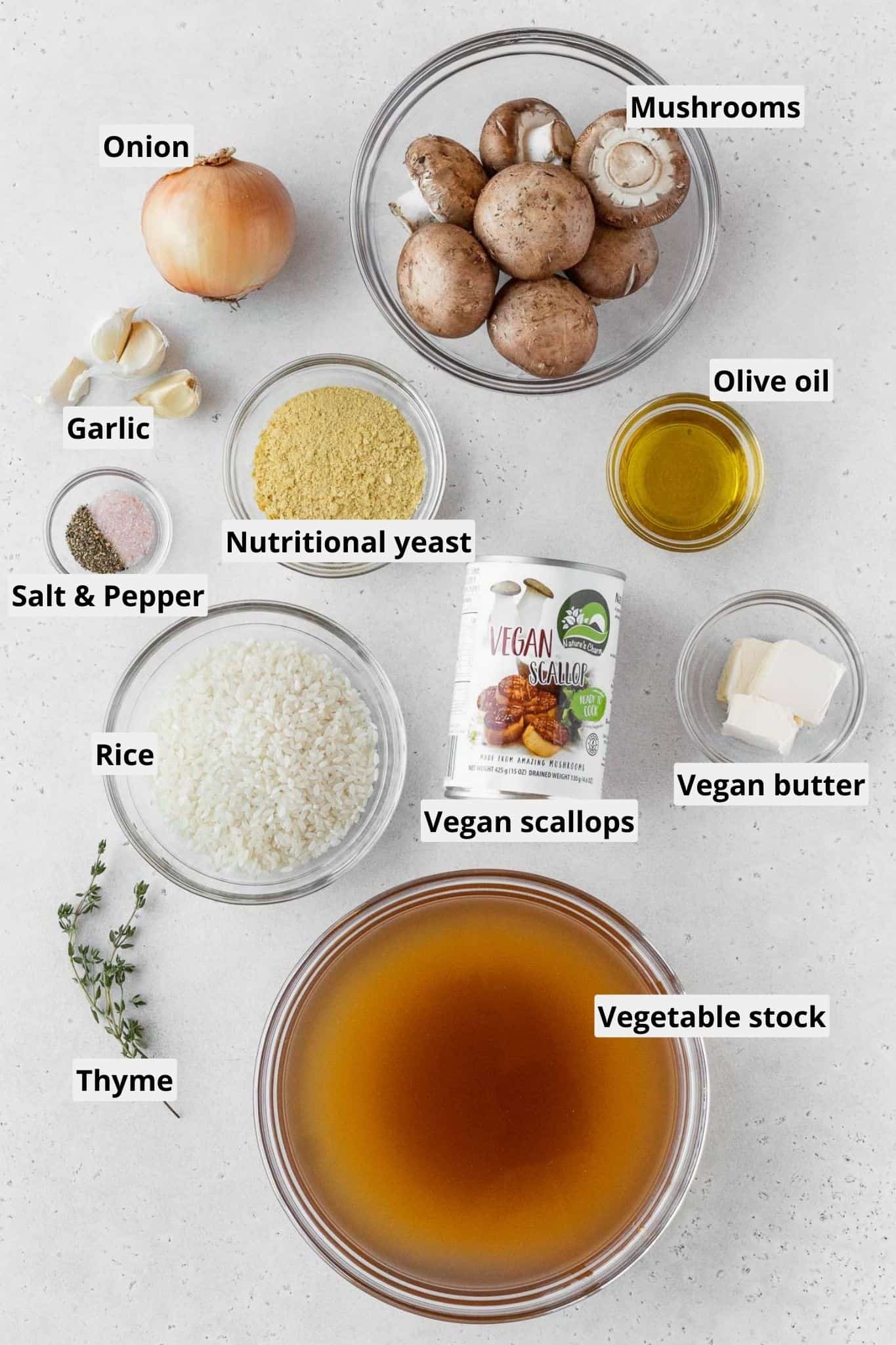 Vegan mushroom risotto ingredients.