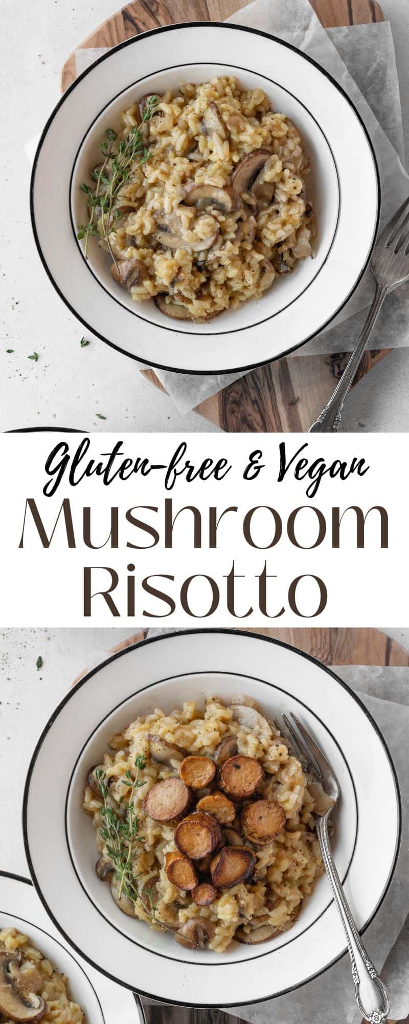 Vegan risotto with mushrooms on white plates.