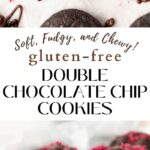 Long vertical image of gluten-free double chocolate chip cookies with text.