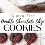 Long vertical pin with images of gluten free double chocolate cookies drizzled with chocolate and freeze-dried raspberries sprinkled on top.