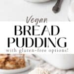 Long vertical pin of vegan bread pudding with apple pie filling.