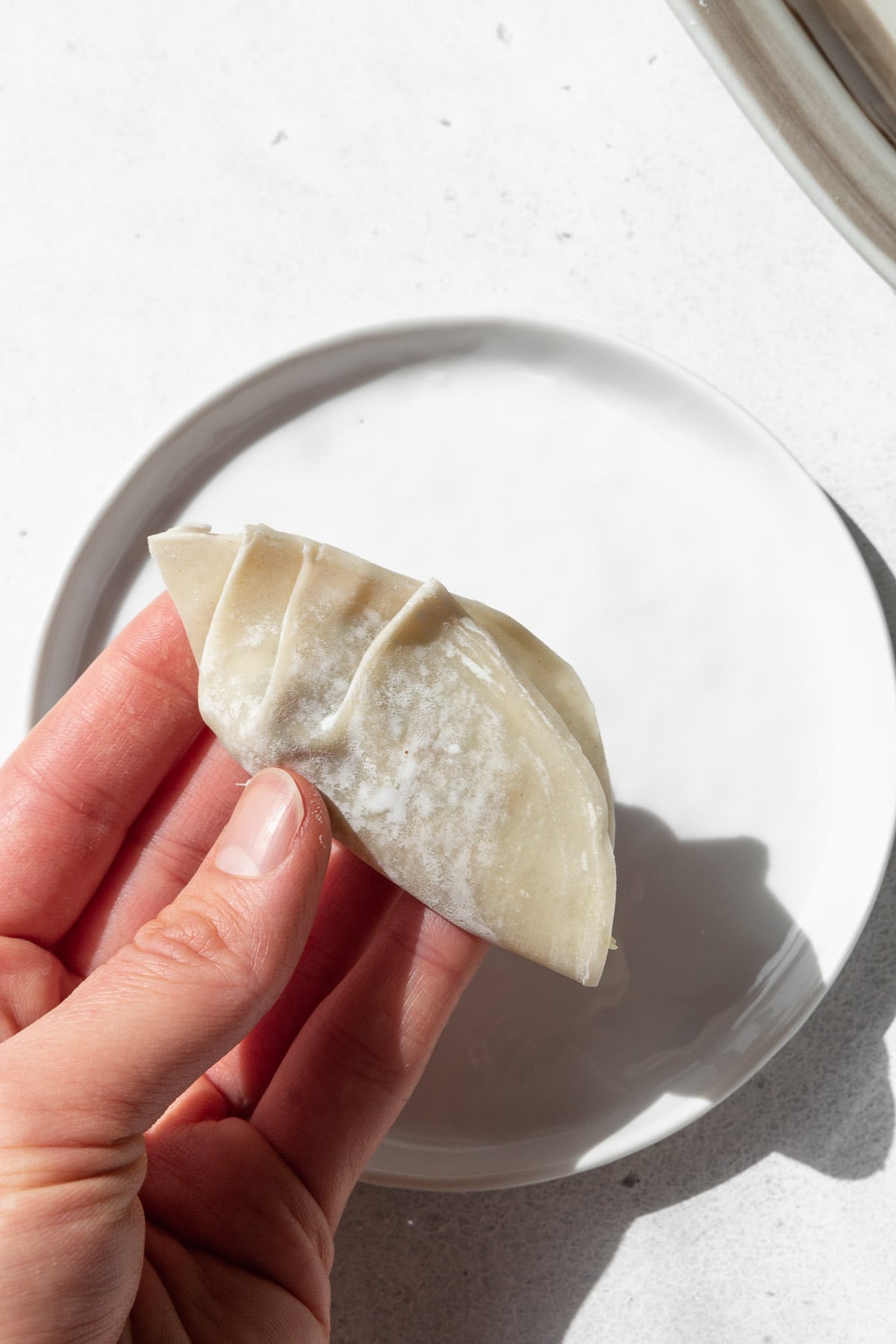 Make pleats on the dumpling wrapper using your fingers.