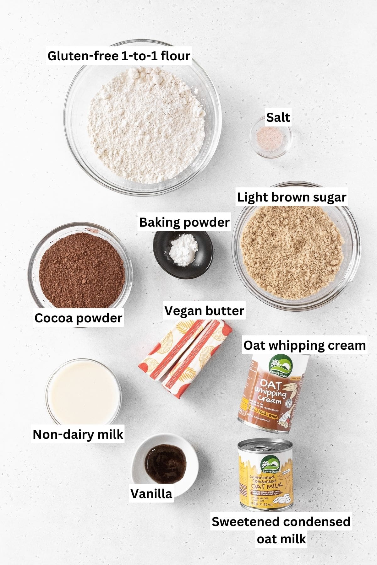 All of the ingredients for gluten-free ice cream sandwiches on a white background.