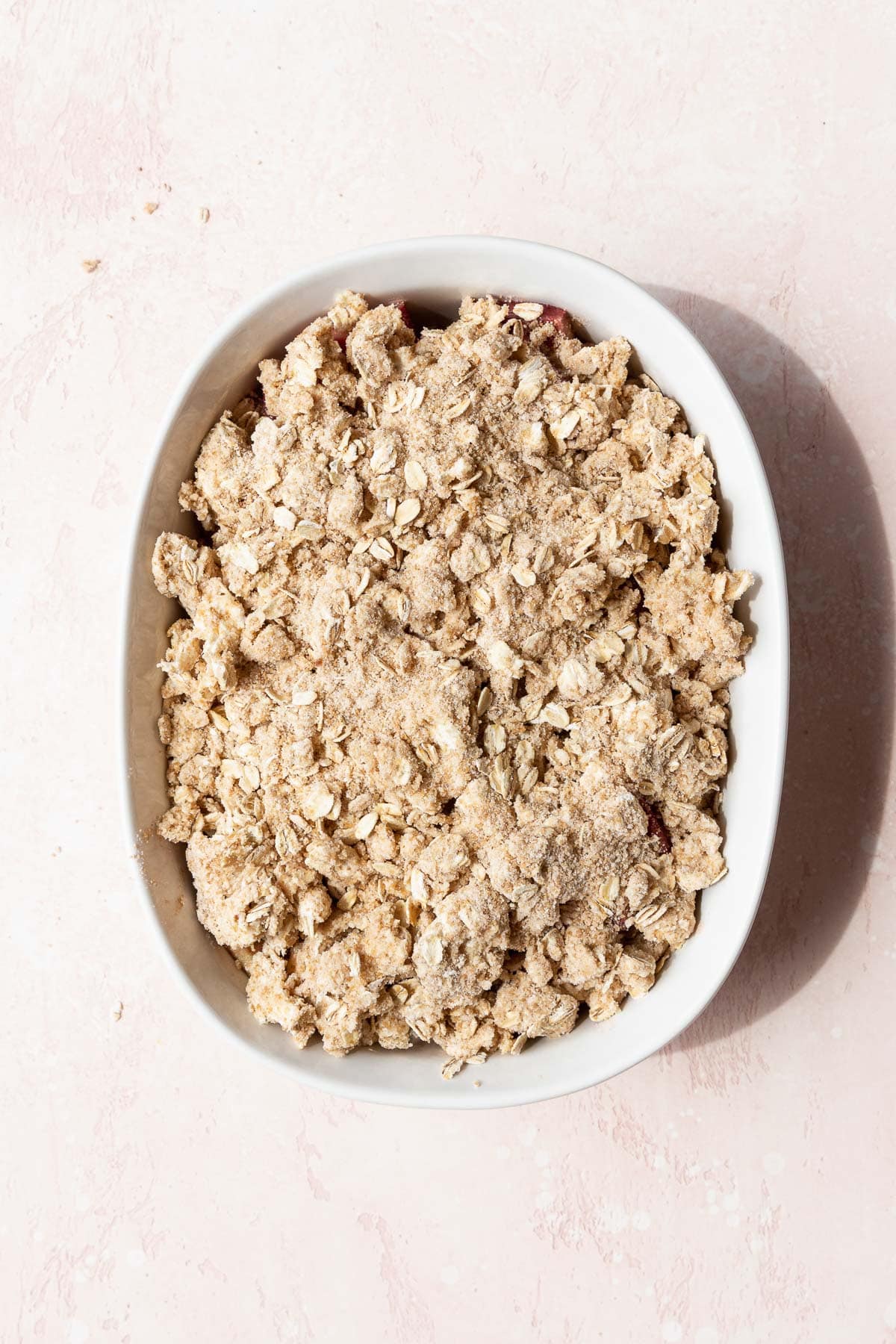 Gluten-free oatmeal crumble added on top of the rhubarb filling.