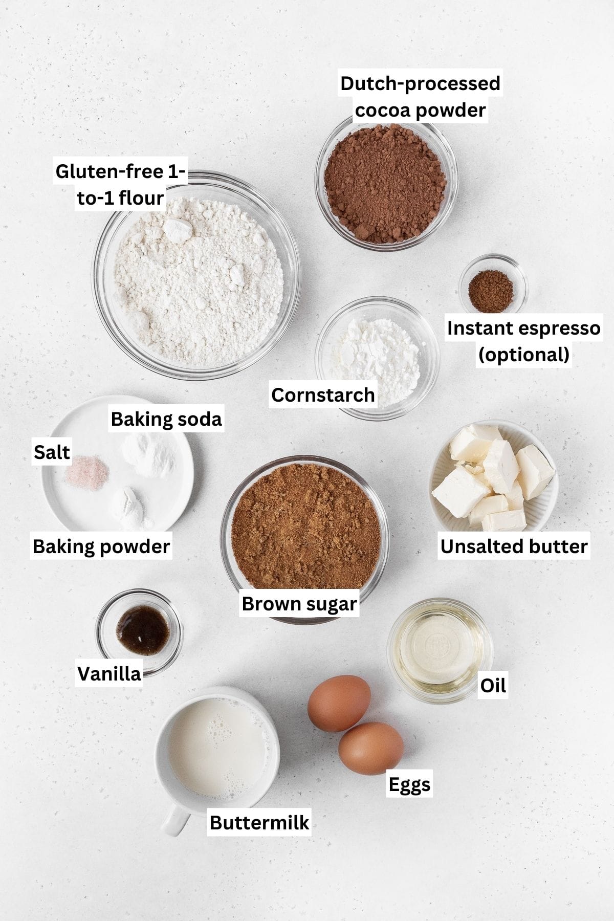 All of the ingredients for the gluten-free whoopie pie on a white background.