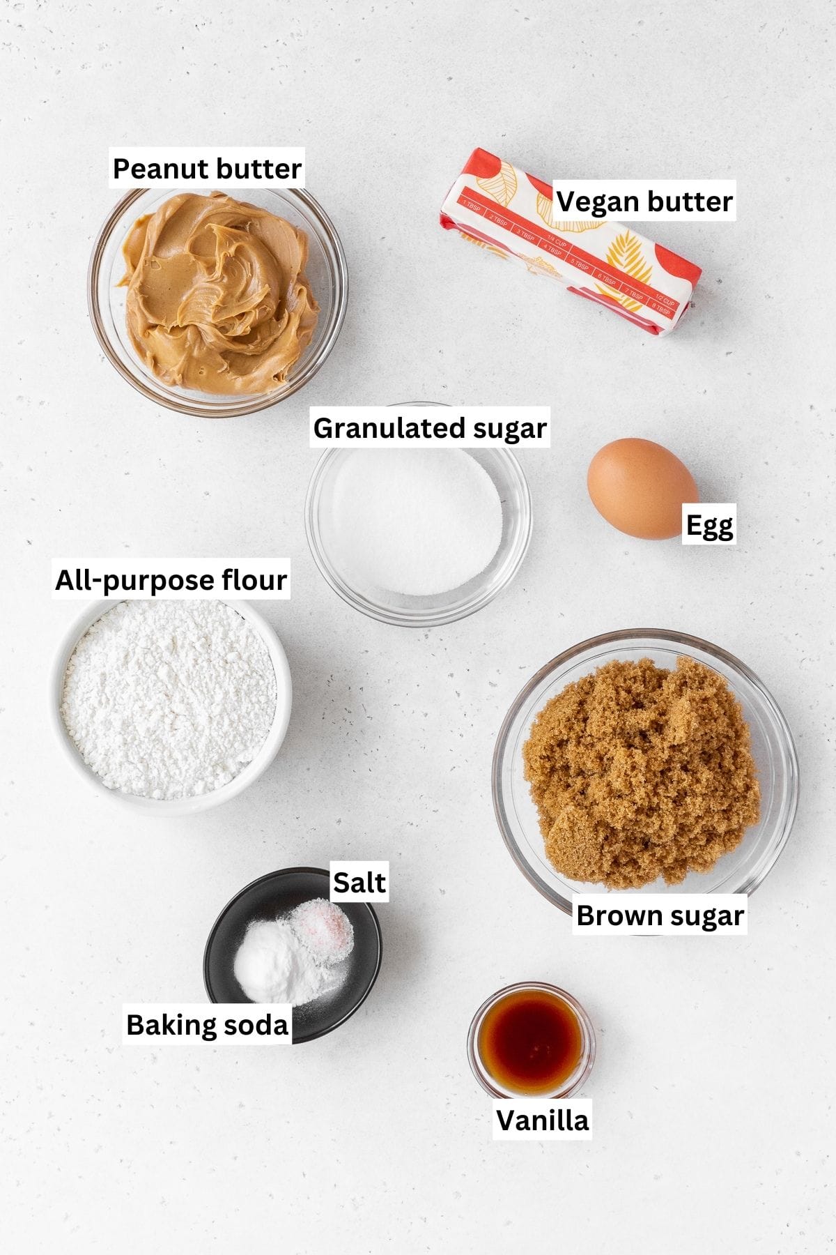 All of the ingredients for dairy-free peanut butter cookies.