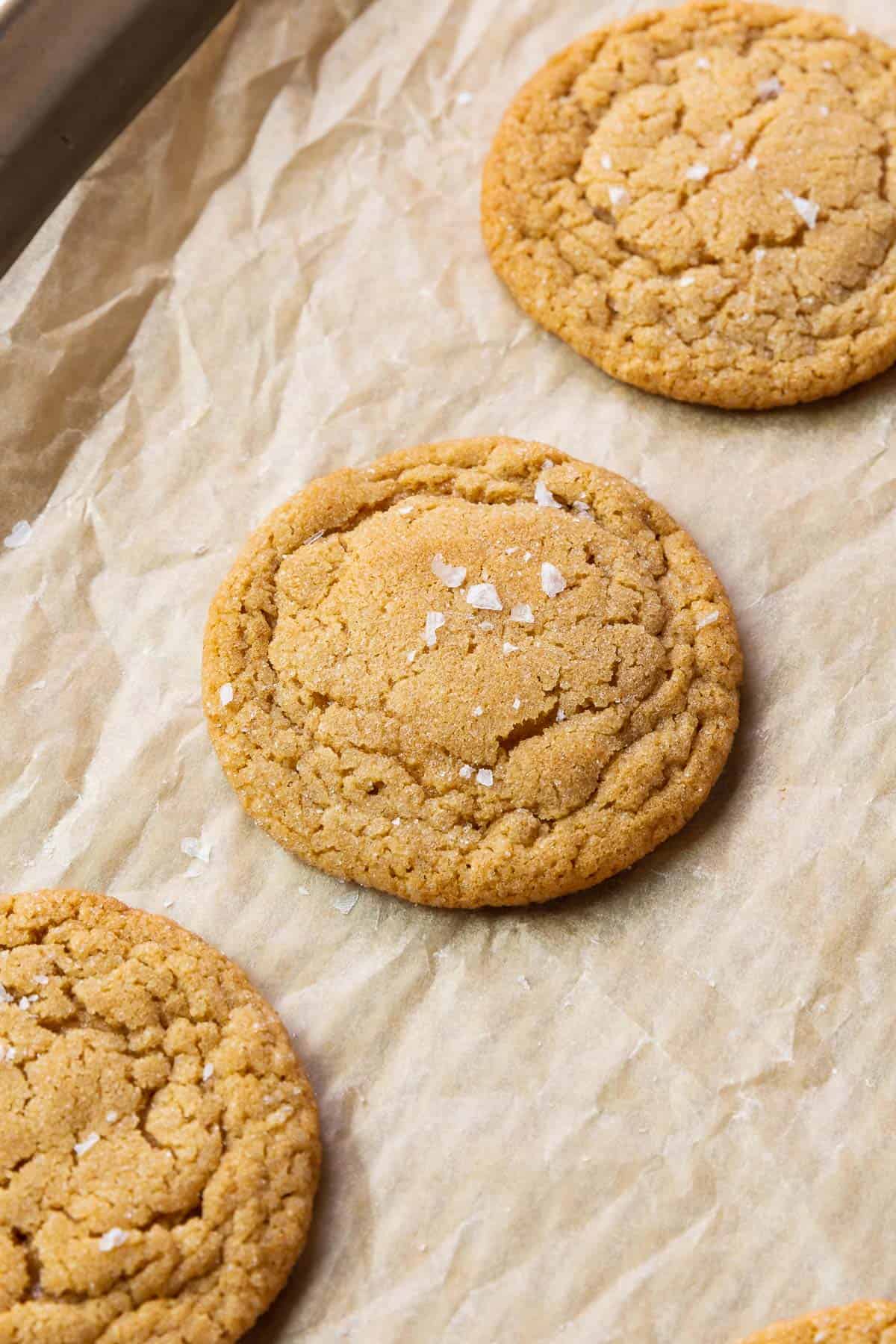 An up-close shot of dairy-free peanut butter cookies on a piece of parchment paper. 