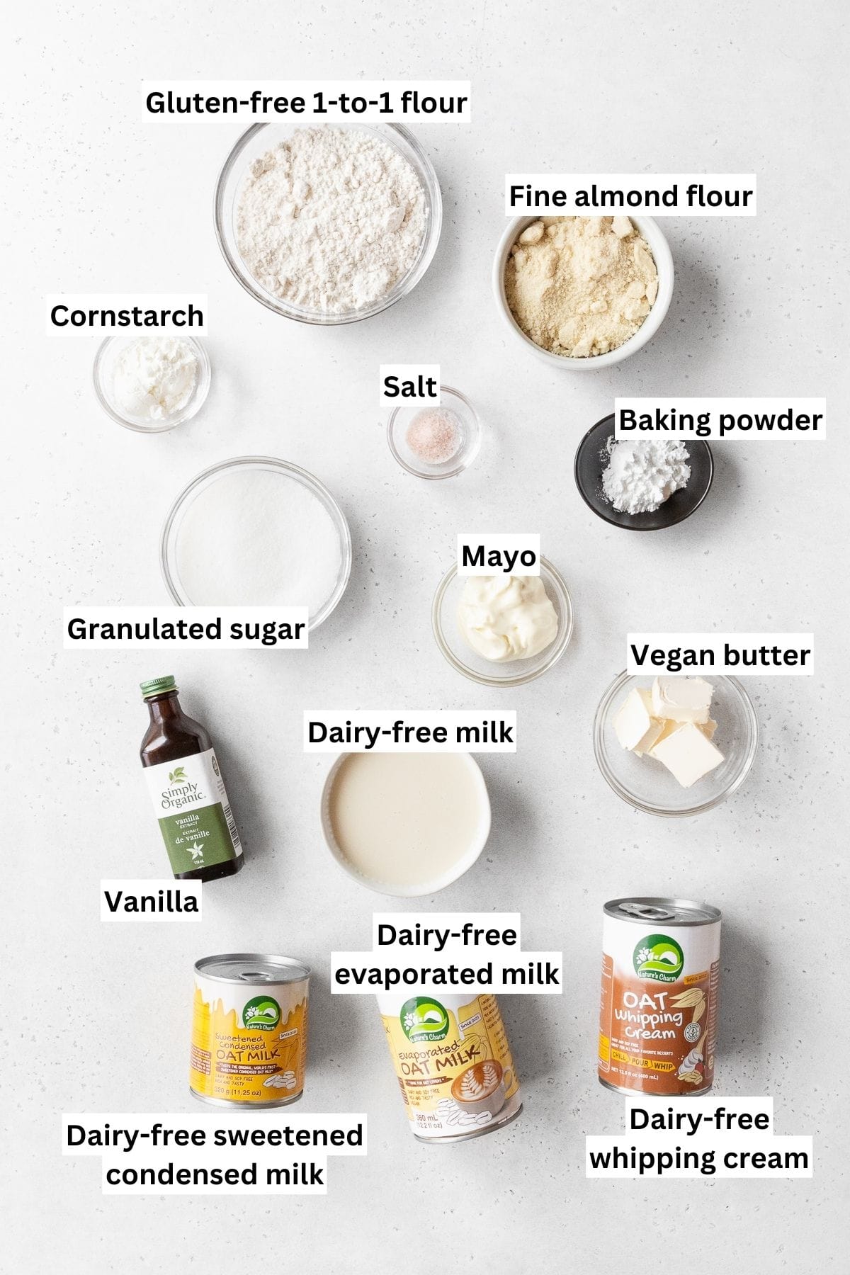 All of the ingredients for gluten-free and dairy-free tres leches cake.