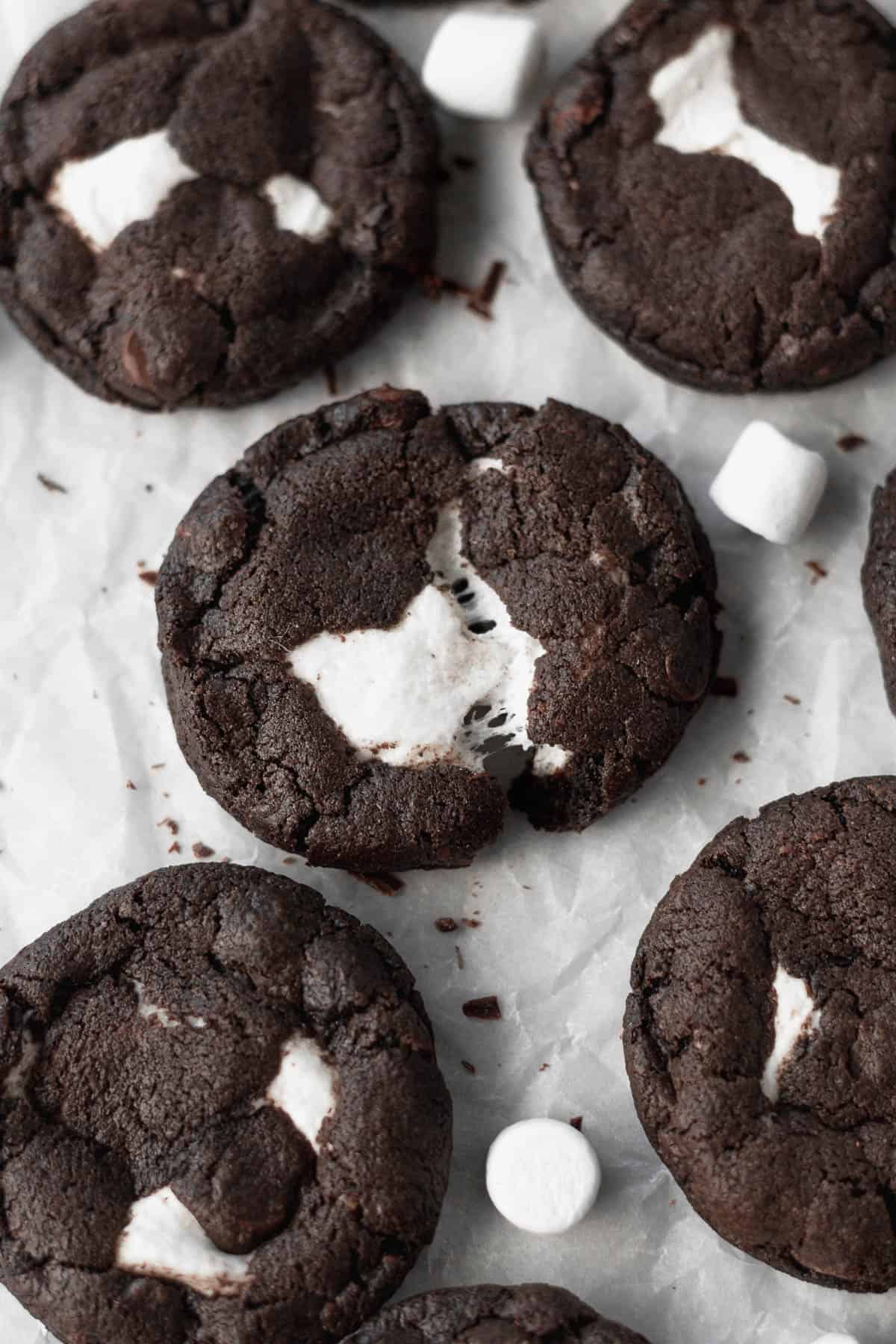 Gluten-free double chocolate cookies with marshmallows.