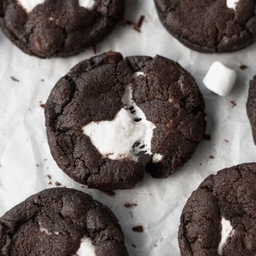 A gluten-free double chocolate cookie with a marshmallow stuffed inside.