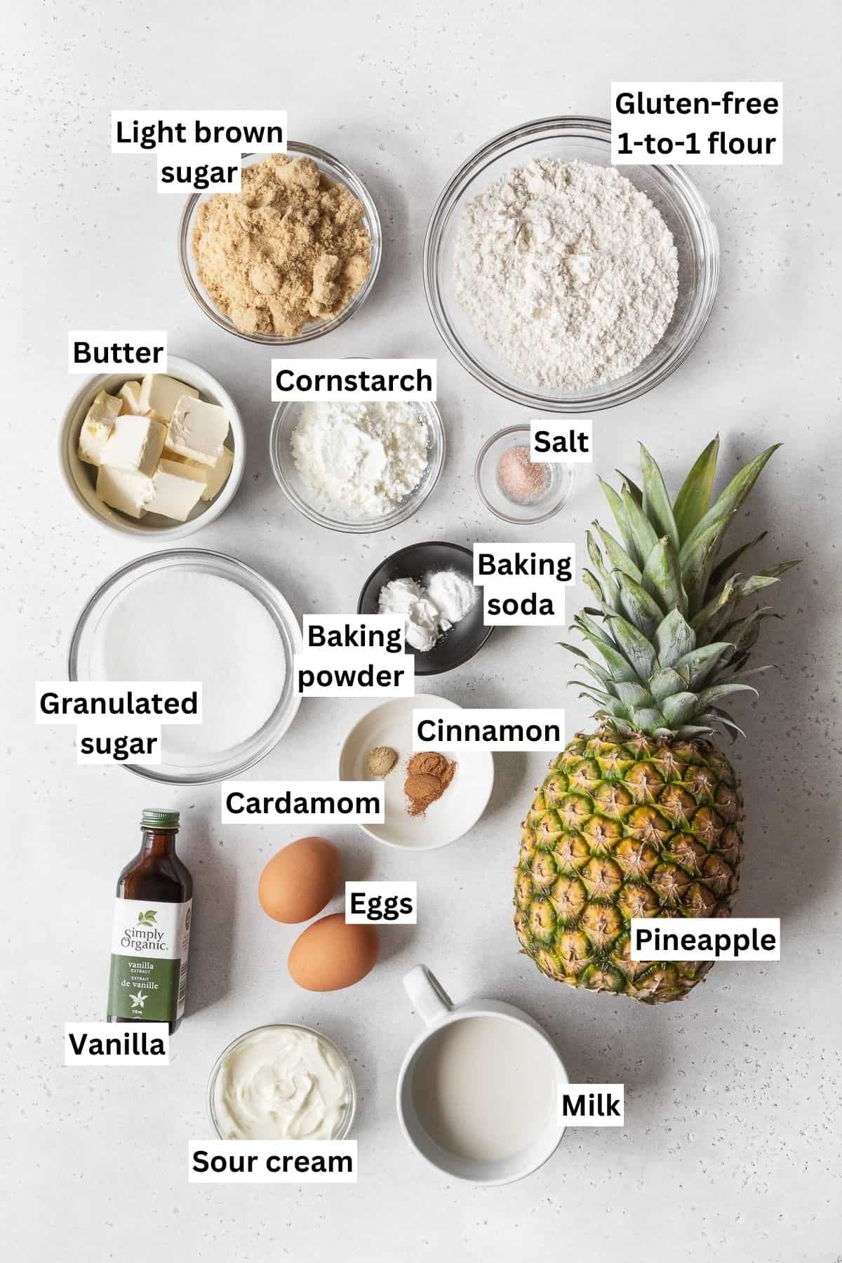 All of the ingredients for gluten-free upside down pineapple cake on the counter.