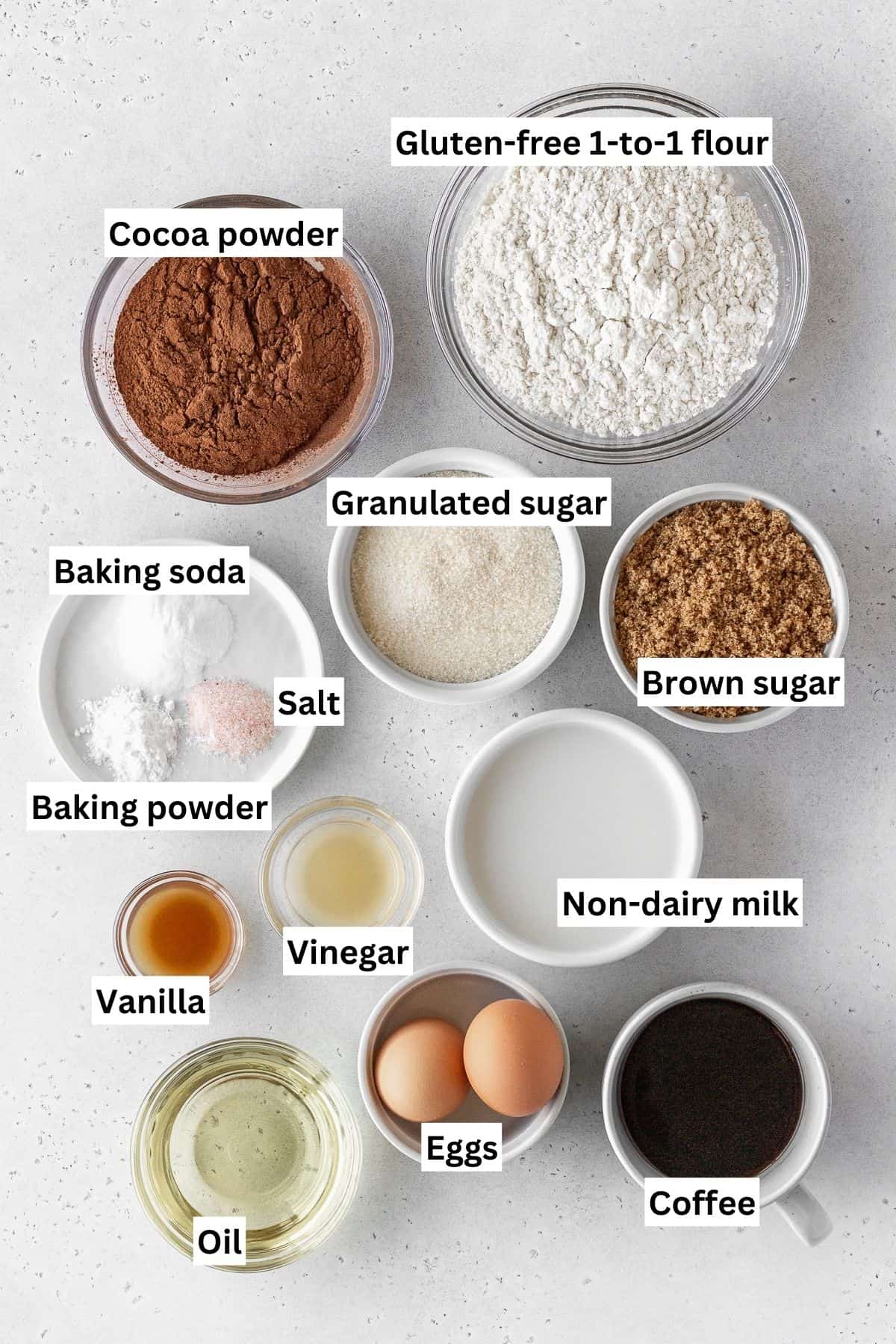 Gluten-free German chocolate cake ingredients measured out into bowls with text overlay.