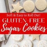 Long vertical image of gluten-free cut out cookies with a red banner and white letters.