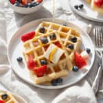 Two gluten-free waffles on a white plate with strawberries, blueberries, a pad of butter, and a drizzle of maple syrup.